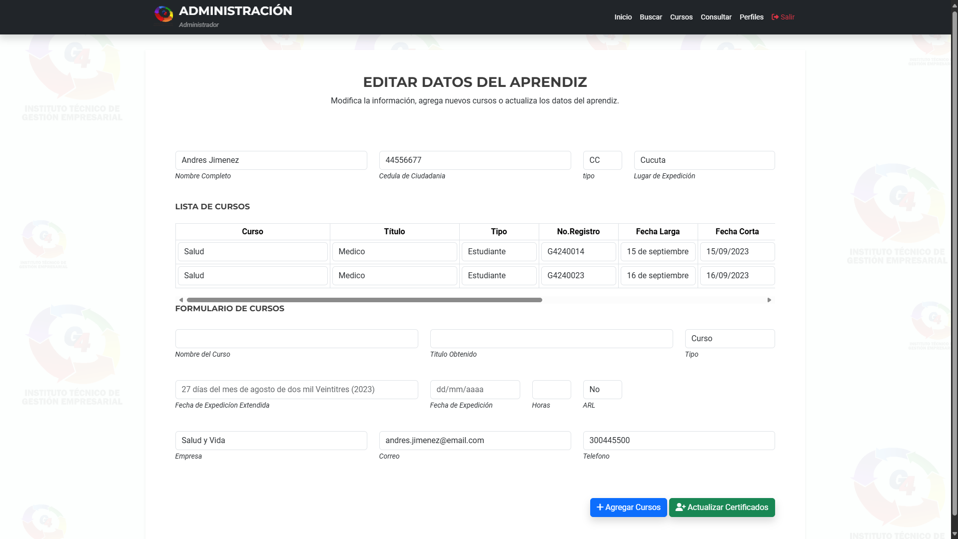 Certificados Editar Aprendiz